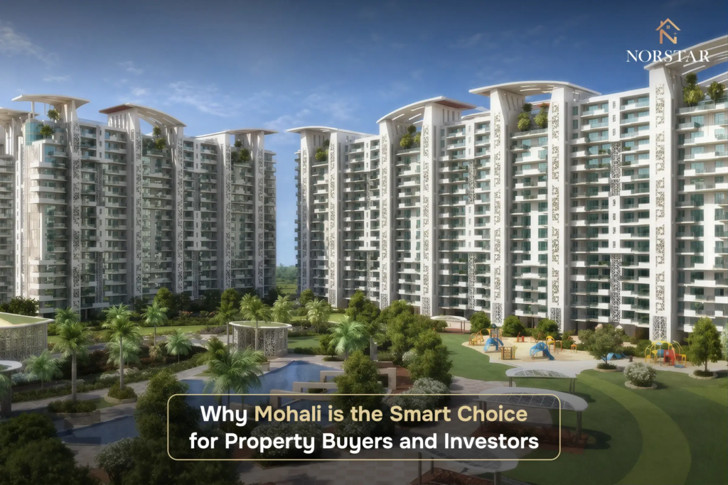 Norstar high-rise apartment complex with landscaped gardens in Mohali for property buyers